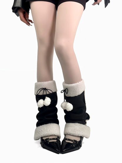 Black Y2K Bowknot Plush Cuffs Leg Warmers With Pompons