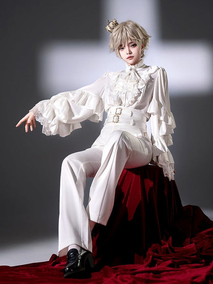 Pantalon Lolita taille haute blanc Ouji Fashion avec deux ceintures