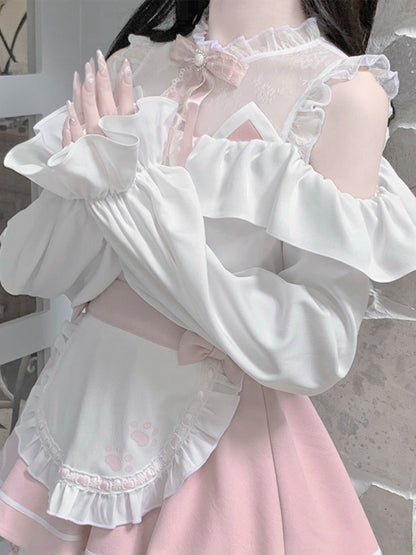 Pink & White Jirai Kei Full Set-Illusion Neckline Cutout Shoulder Top+Apron Design  Skirt+Bow Tie