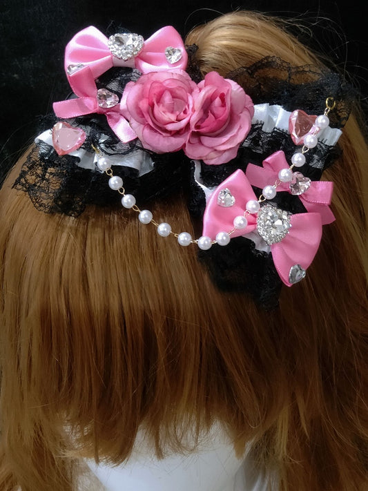 Bowknot Trim Decorated BlackPink Lace Hairclip Charm Beaded Floral Rhinestone Heart Design