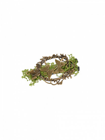 Pince à cheveux Mori Kei en bronze avec papillon et mousse verte