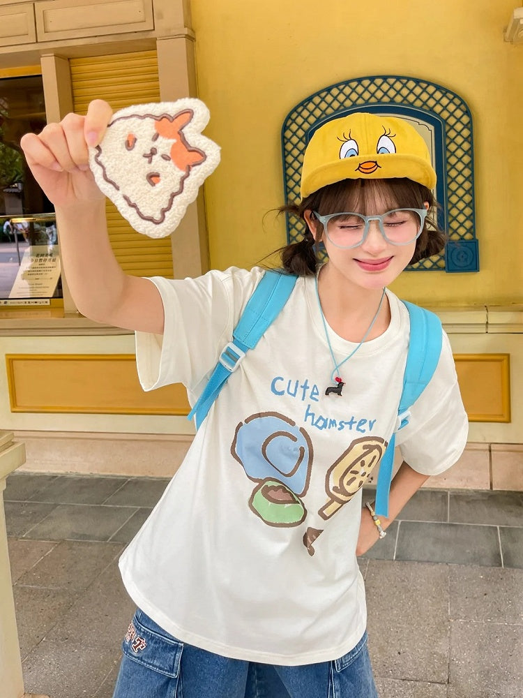 Hamster Applique Loose Beige Round Neck Cute T-Shirt