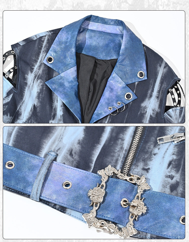 Grunge Punk Rock Blue Cutout Sleeves Tie Dye PU Moto Jacket with Free Belt