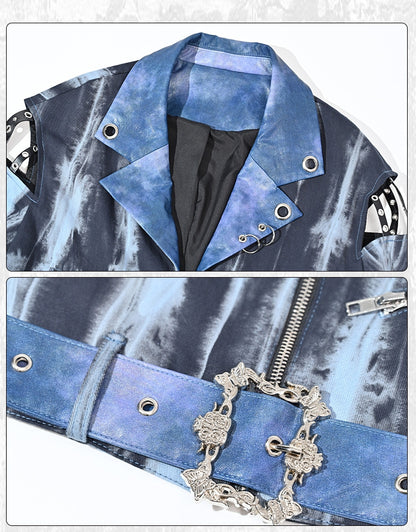 Grunge Punk Rock Blue Cutout Sleeves Tie Dye PU Moto Jacket with Free Belt