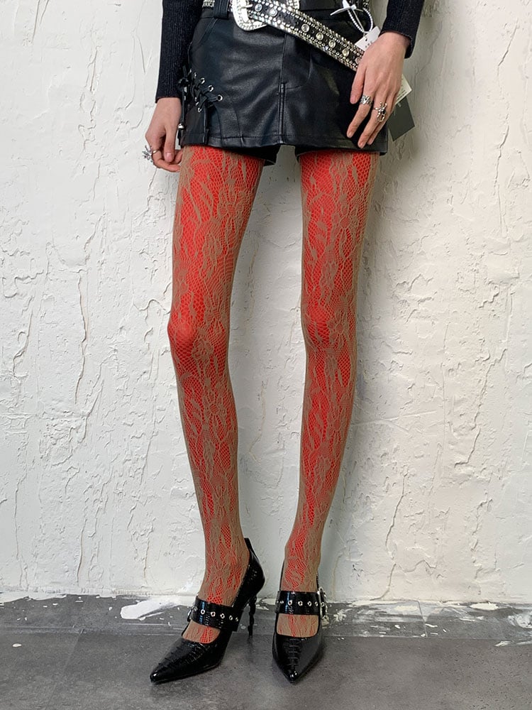 Brown Y2K Floral Hollow-out Tights