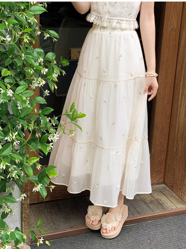 Tulle Skirt Kei Beige Elastic Waist Floral Embroidery Mori