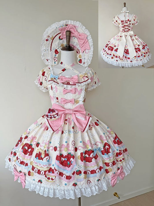 Lolita Short One White Sleeves Piece Sweet Dress Creamy Strawberry Print Cute Cake