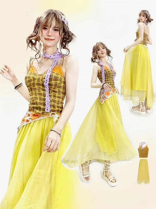 Cami Top Purple Set Scarf Summer Overlay + Plaid Yellow Skirt
