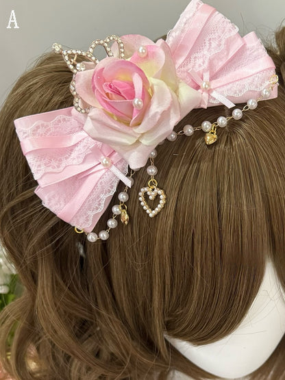 Rhinestone Design Heart Hairclips Pink Cross Beaded Floral Bowknot Charm + Decorated Hairclip
