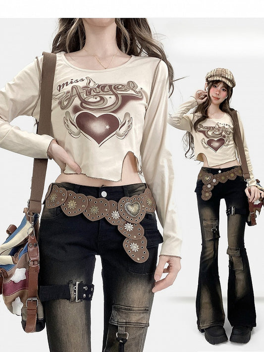 Aprikosenärmel-Design, langer Druck, asymmetrisch, Bittersüße Henne