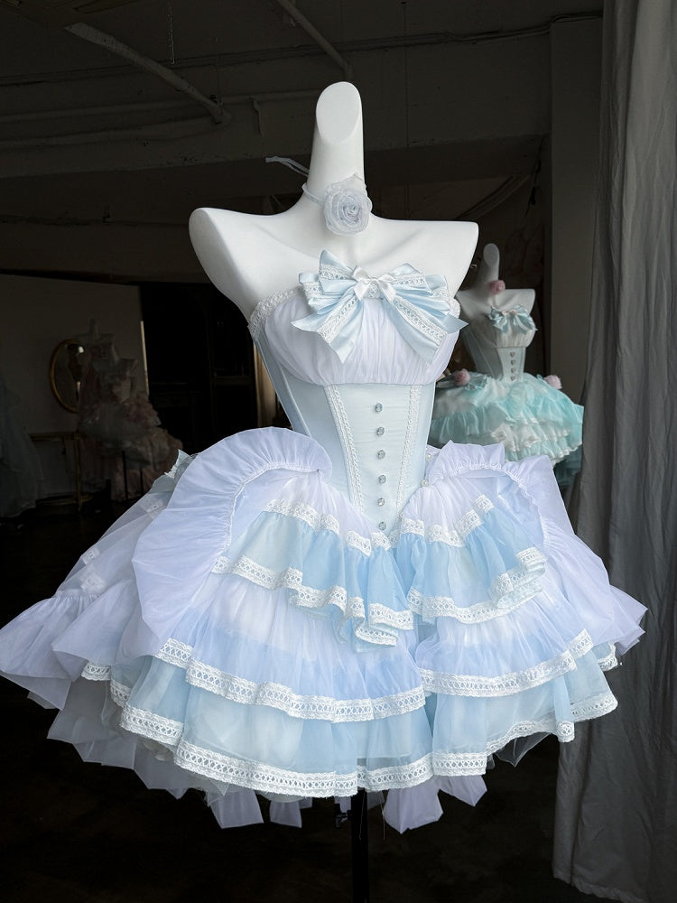 Blue Balletcore Boned Waist Strapless Puffy Dress