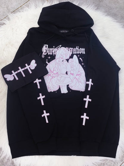 Black White Cross Pattern Graphic Hoodie