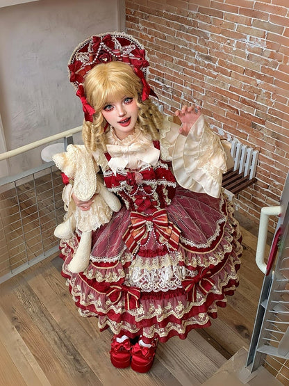 Black Details and / Red Bows Bonnet Bead Pink