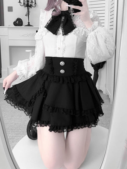 Illusion Neckline Blouse with Bead Details and Rhinestone Buttons Jirai Kei White