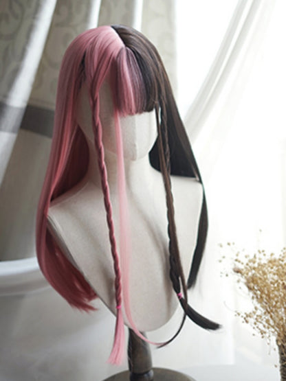 Pink&Black Split Color Waist Length Straight Wig With Full Bangs