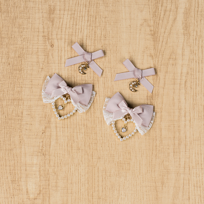 Jirai Kei Dusty Pink Beaded Moon/Heart with Bowknot Hairclips Charm