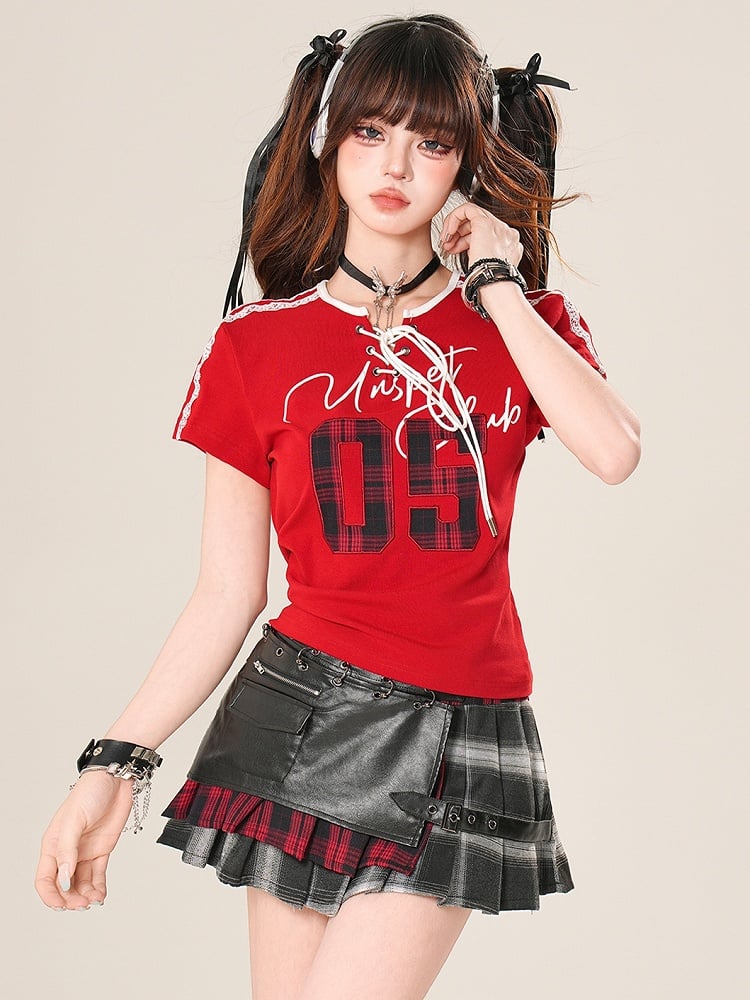 Applique T-shirt Core Plaid Red Detail Lace-up Pattern Trim Blokette Lace Number