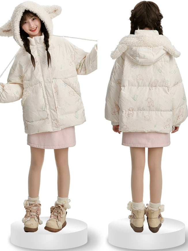 Cute Lamb Print White Hooded Down Jacket Short/Long Version