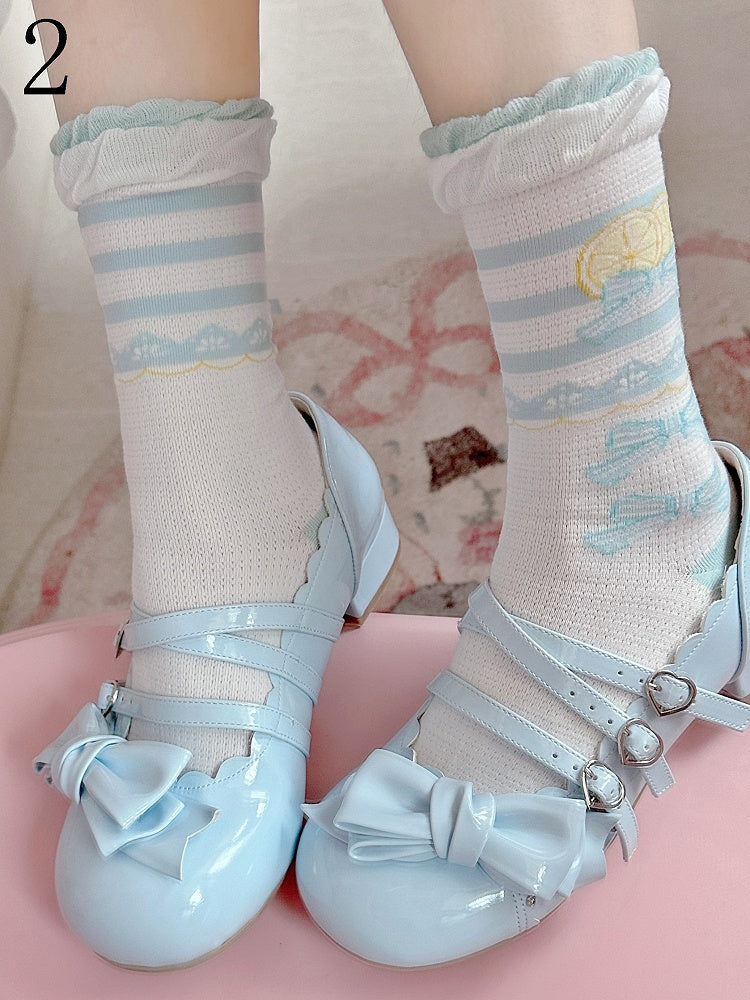 Blue Ruffle Socks Bowknot Print Lolita Lemon Trims Calf Sweet