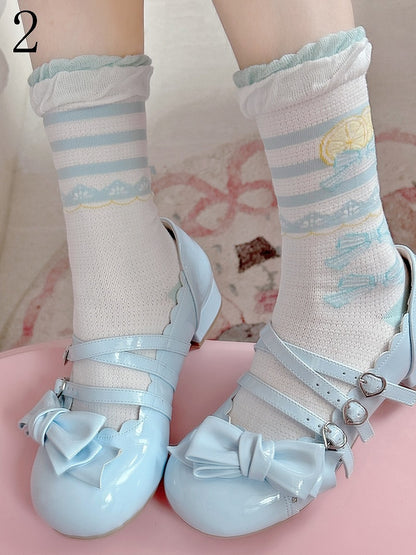 Blue Ruffle Socks Bowknot Print Lolita Lemon Trims Calf Sweet