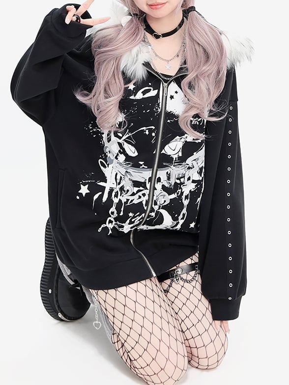 Punk Anime Cat Black Thick Zip Hoodie