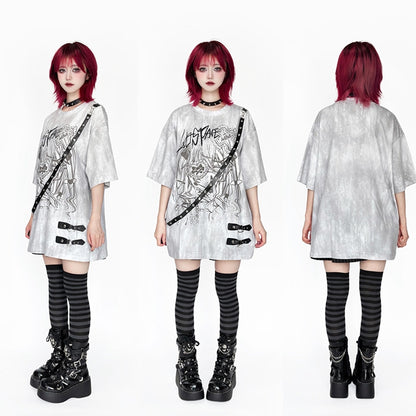 Anime Tie Strap Detachable Dye Decor Black/White T-Shirt with Print Girl Leather