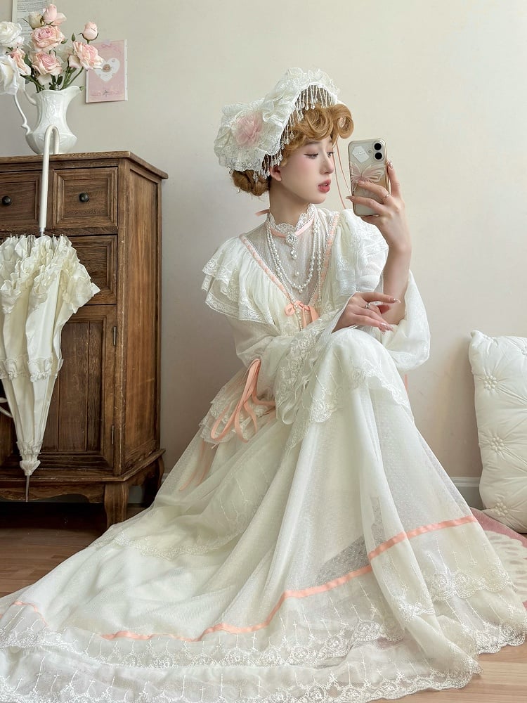 Skirt Necklace Neck Long Blouse Set + Edward Lolita Pink Corset Elegant Beige Beaded - Full Classic