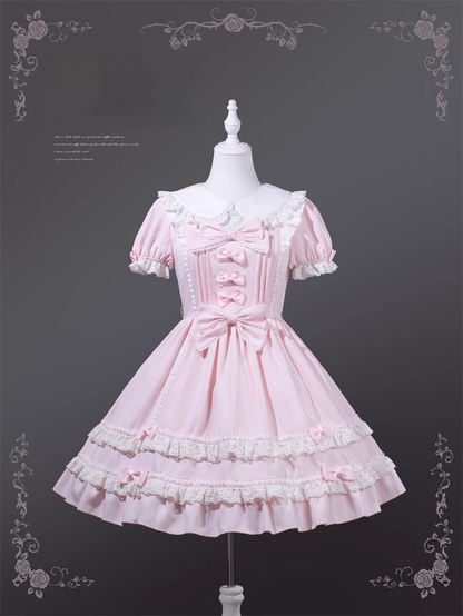 Lolita Dress Piece Accents School Pink Peter Pan Collar Bowknot Light Old One