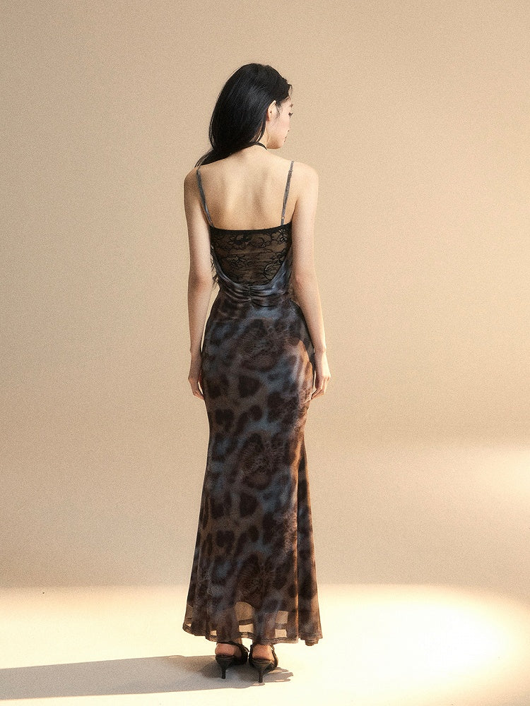 Glamorous Back Detail Lace Gathering Details Slip Dress Grey Leopard Cutout Patches