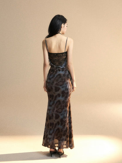 Glamorous Back Detail Lace Gathering Details Slip Dress Grey Leopard Cutout Patches