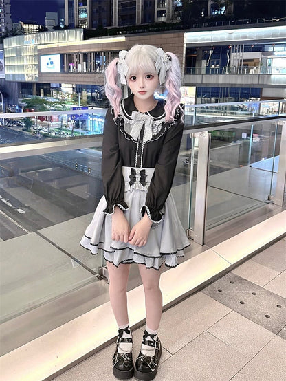 Jirai Kei Black Peter Pan Collar Long Sleeve Blouse Tie with Free Bow