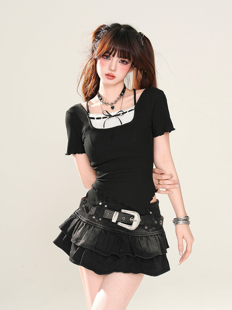 Faux Two-pieces Neckline Curved Hem Black Off-the-shoulder Glamorous T-Shirt