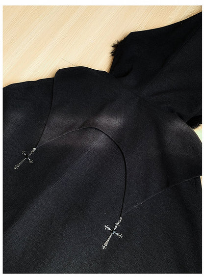 Witch Trim Cross with Fur Autumn for and Faux Winter Lolita Gothic Charms Black Cloak