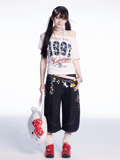 White Neck Vintage Round Asymmetrical Neckline Number Print