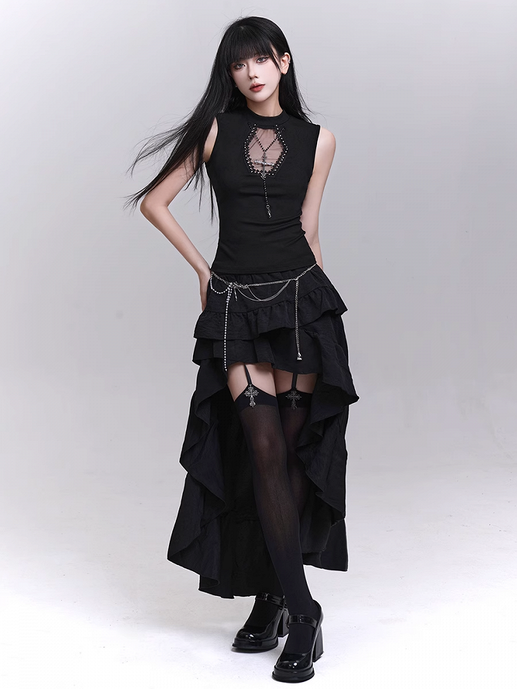 Necklace Tank Top Cross Coffin-Shaped Cutout Black with Studded Free