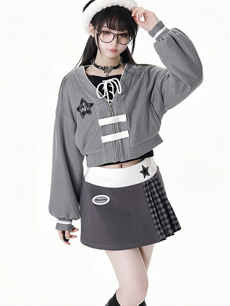 Grey Star Decorated Zip Closure Knitted Cardigan