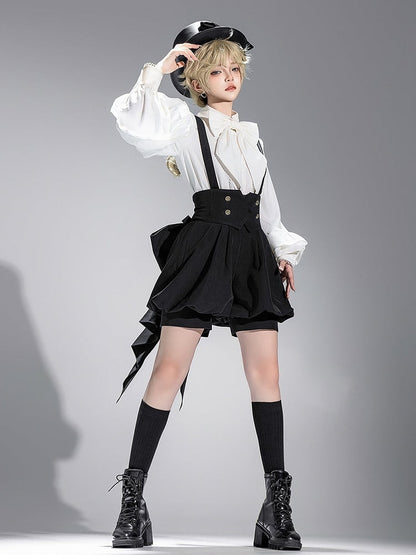Waist Train Big with Bow Ouji Overall Black High Lolita Shorts