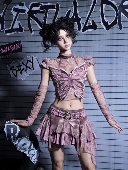Gradient Style Choker Punk Embroidery Rhinestone Pink Denim Y2K Corset Cross Butterfly  with Pastel Fairycore