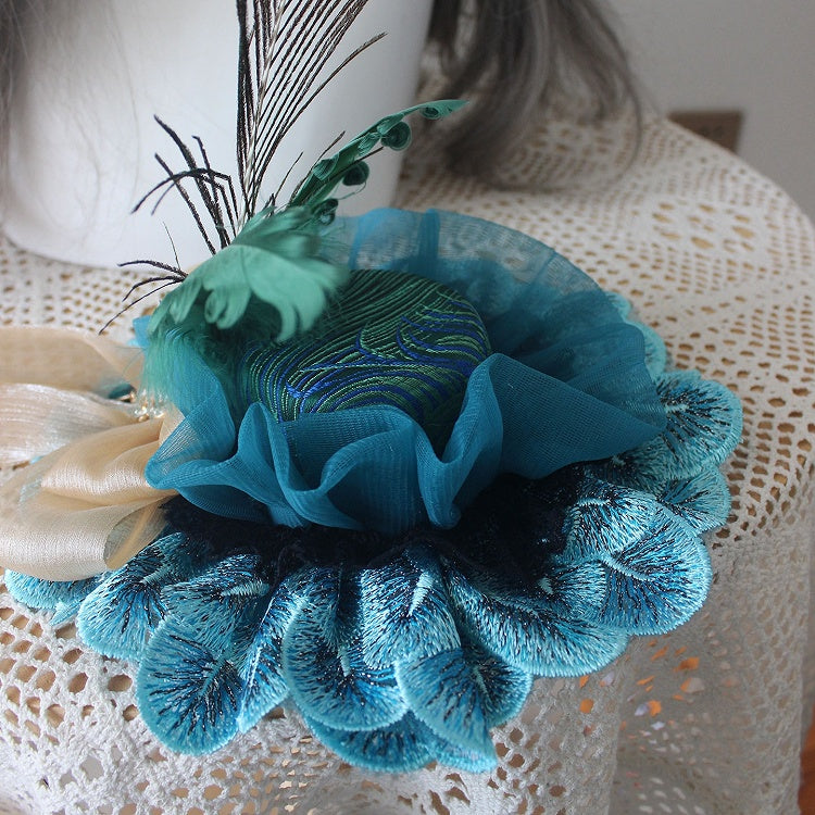 Mini Strass Blau Verziert Bowknot Version Pfau Hut Design Feder Wunderschöne