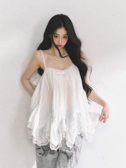 White Handkerchief Hem Lace Trim Chiffon Cami Top