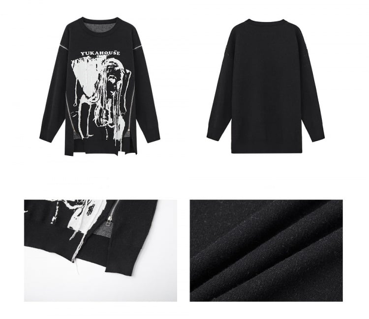 Black Punk Rock Zips Loose Round Neck Sweater