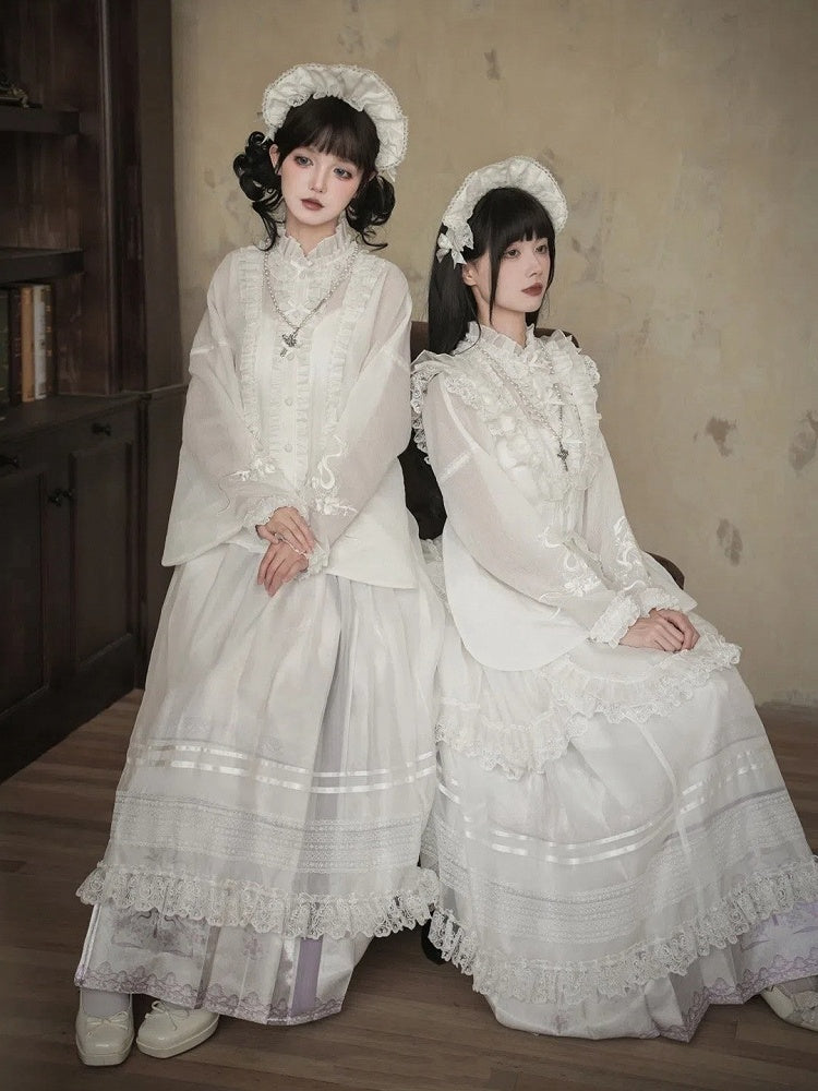 Long Skirt Floral Sleeves Purple + Lolita Print Han Horse-face and Light Blouse White Set Full Snake