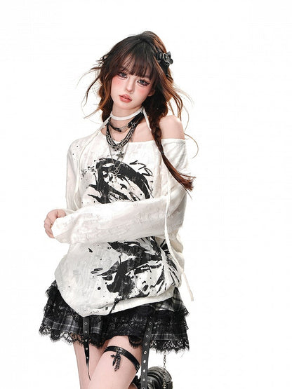 Black/White Asymmetrical Neckline Distressed Holes Butterfly Loose Top