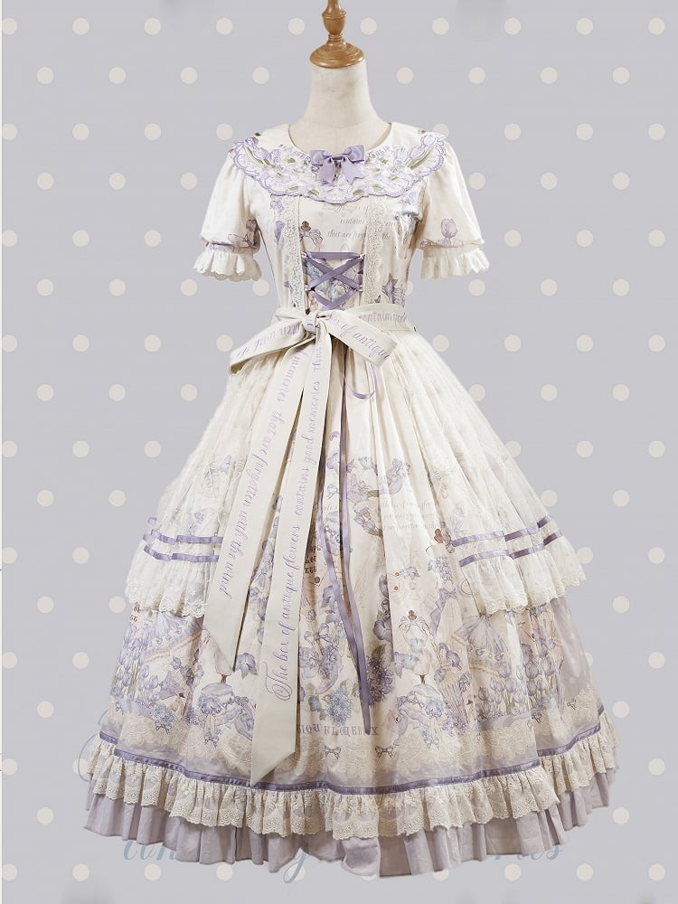 Available Dress Plus Sizes Print Short Lolita Sleeves and Floral Classic Purple Embroidery