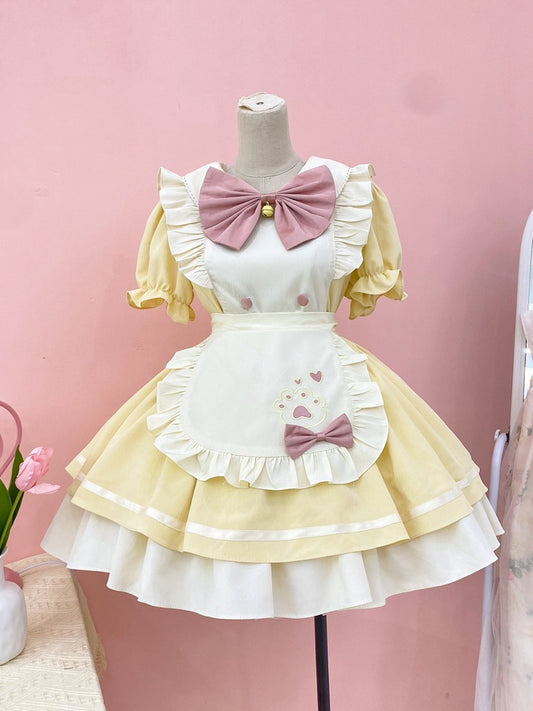 Yellow Sweet Maid Lolita Kitty Paw Apron Dress