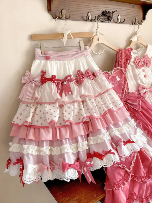 Lolita Sweet Pink Polka-dots Bow Skirt Ruffle Accents Tiered Pattern