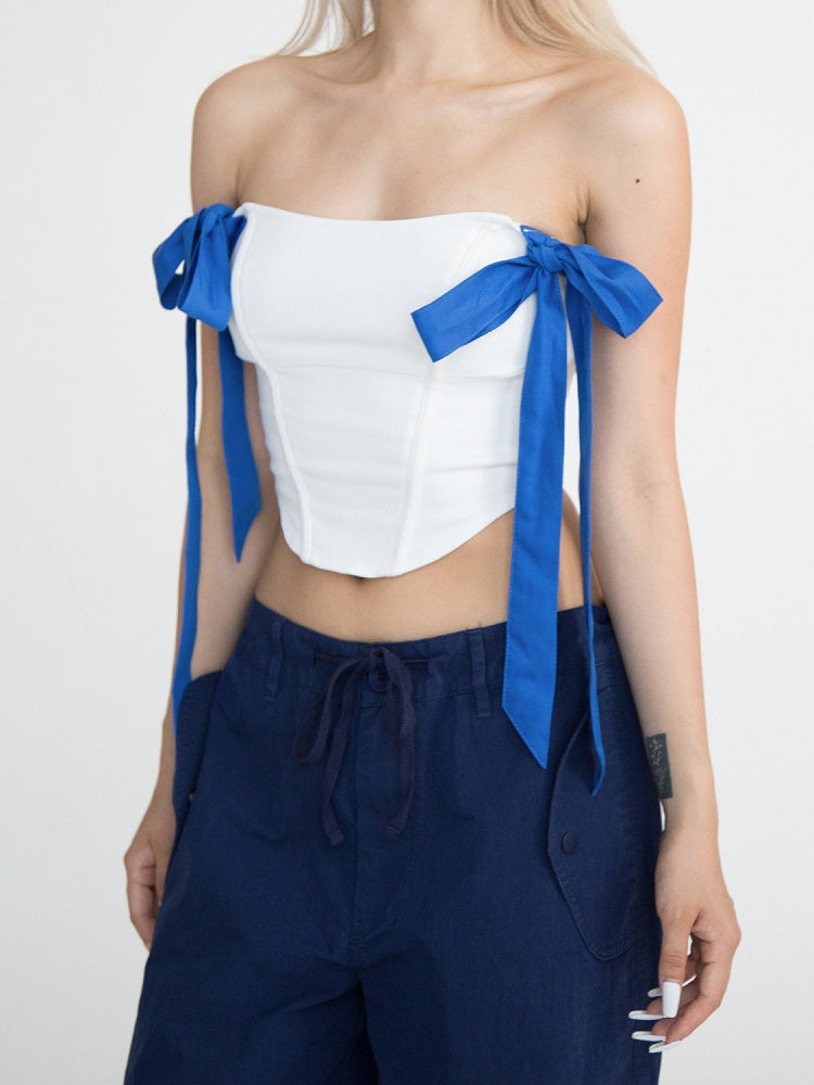 White Curved Hem Glamorous Sleeveless Top Blue Self-Tie Straps