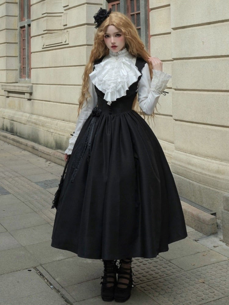 Black Rosette Scalloped Edge Under Bust Classic Lolita Jumper Skirt