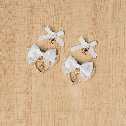 Charm Bowknot Hairclips Jirai Kei White with Beaded Moon/Heart