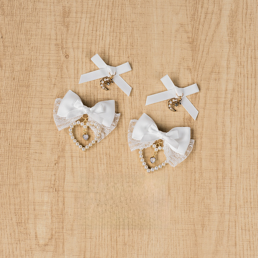 Charm Bowknot Hairclips Jirai Kei White with Beaded Moon/Heart